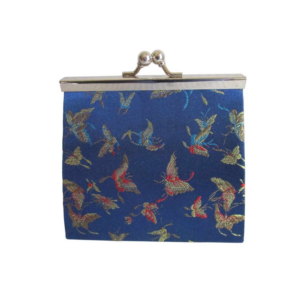*Silk Butterfly Moth Motif Mini Wristlet Clutch Blue Background Kiss Closure